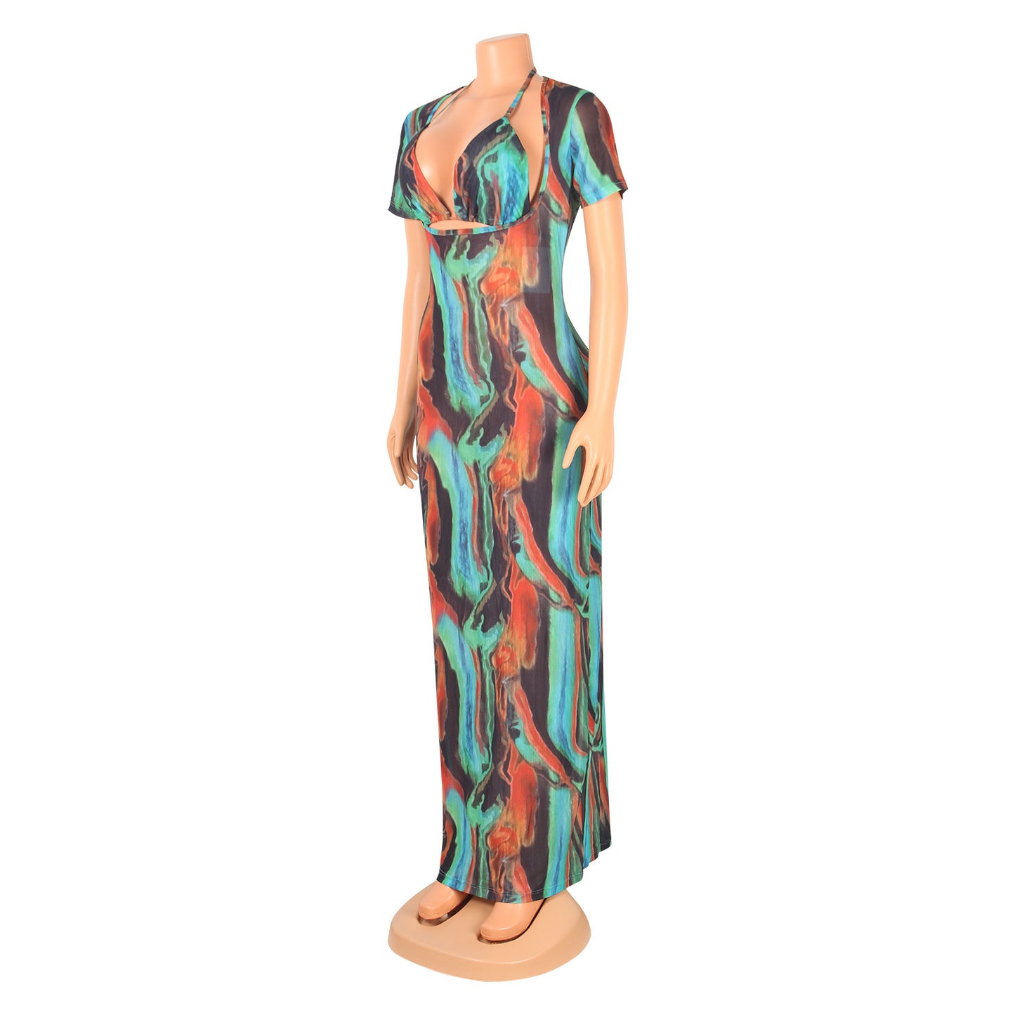 Women's Fashion Sexy Hollow Printed Mesh Dress