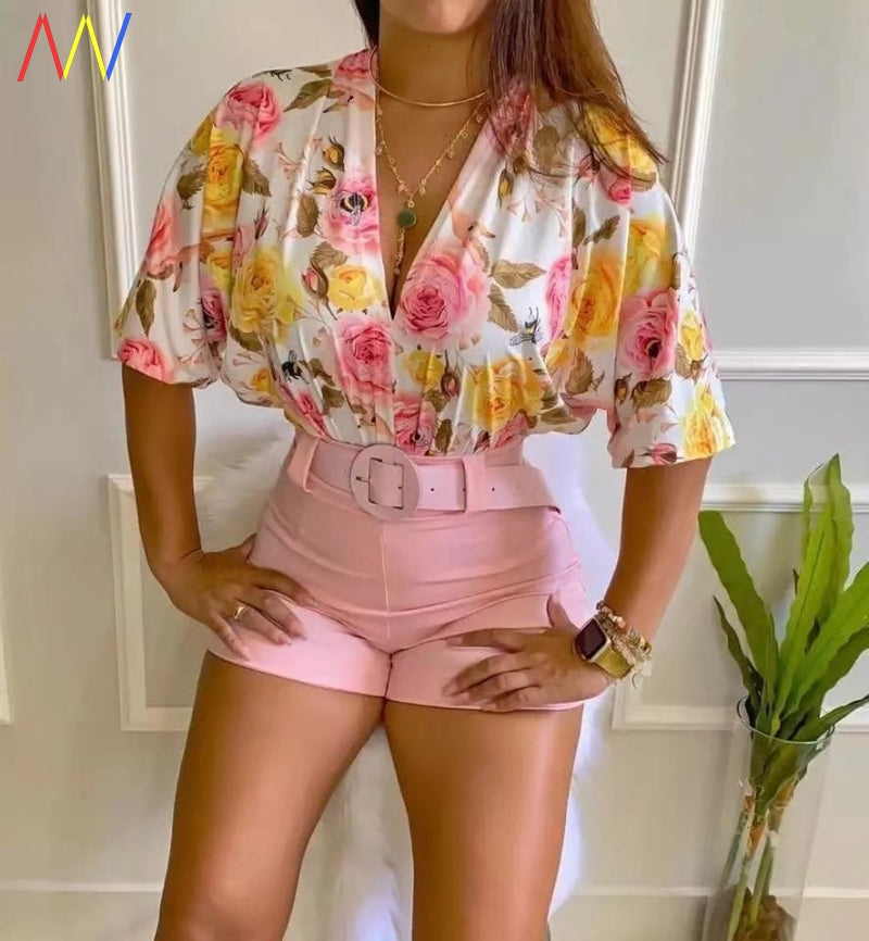 Women's Pink Spring V Neck Floral Print Two Piece Set