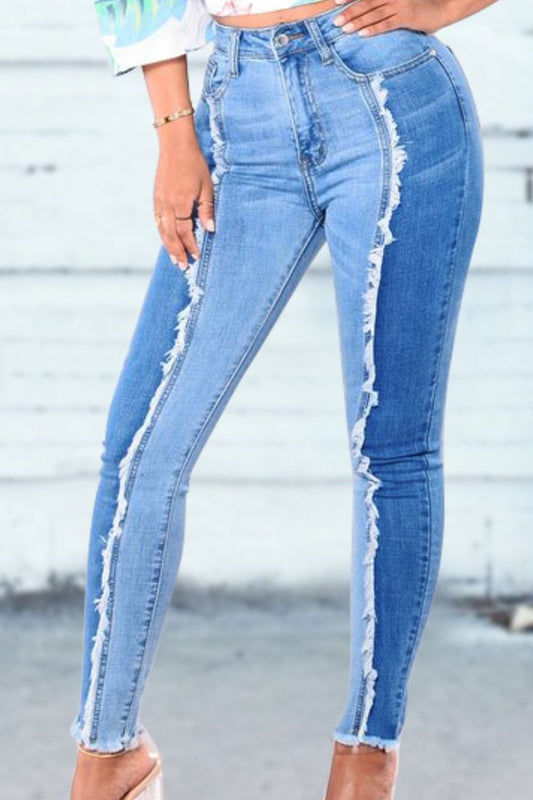 Full Size Two-Tone Fringe Trim Jeans