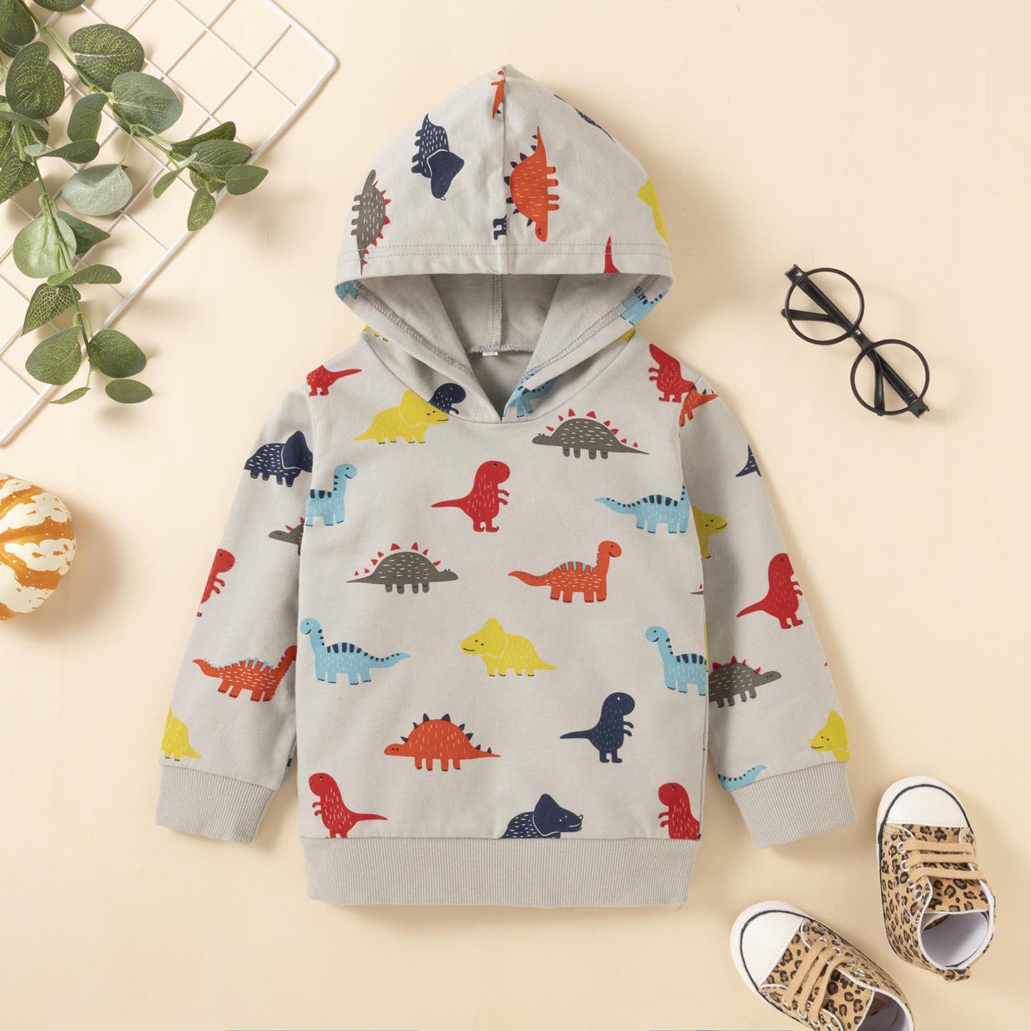 Boys Dinosaur Print Long-sleeved Trousers And Hooded Sweater Set