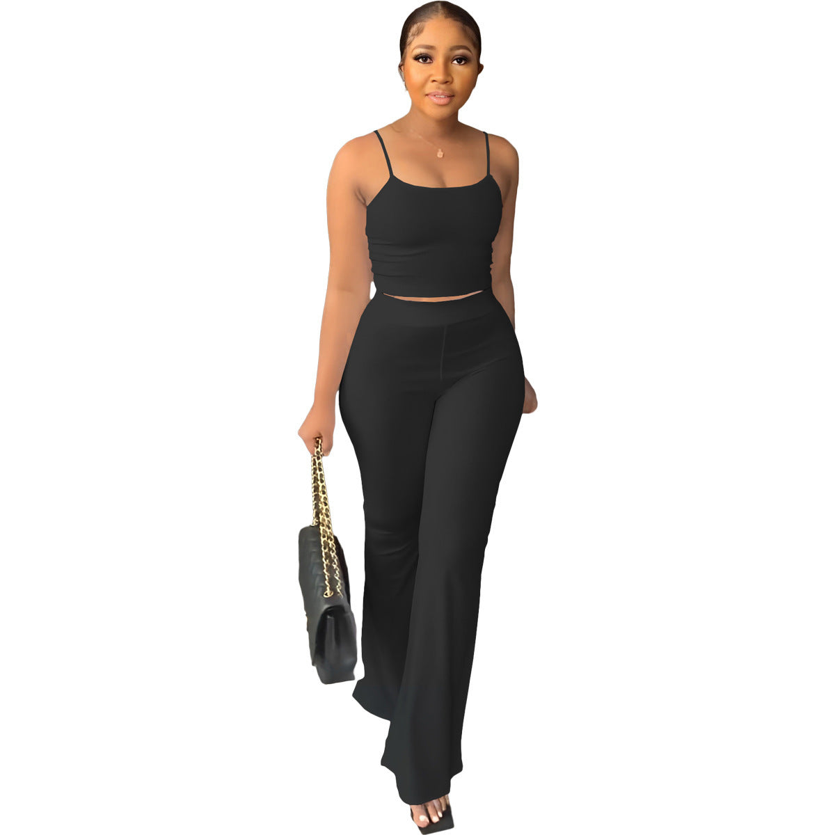 Women's Solid Color Sling Bell-Bottom Pants Fashion Two Piece Set