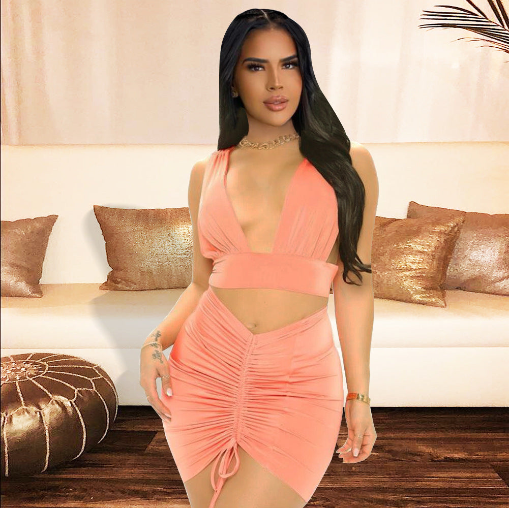 Vest Drawstring Pleated Sleeveless Backless Two Piece Skirt Set