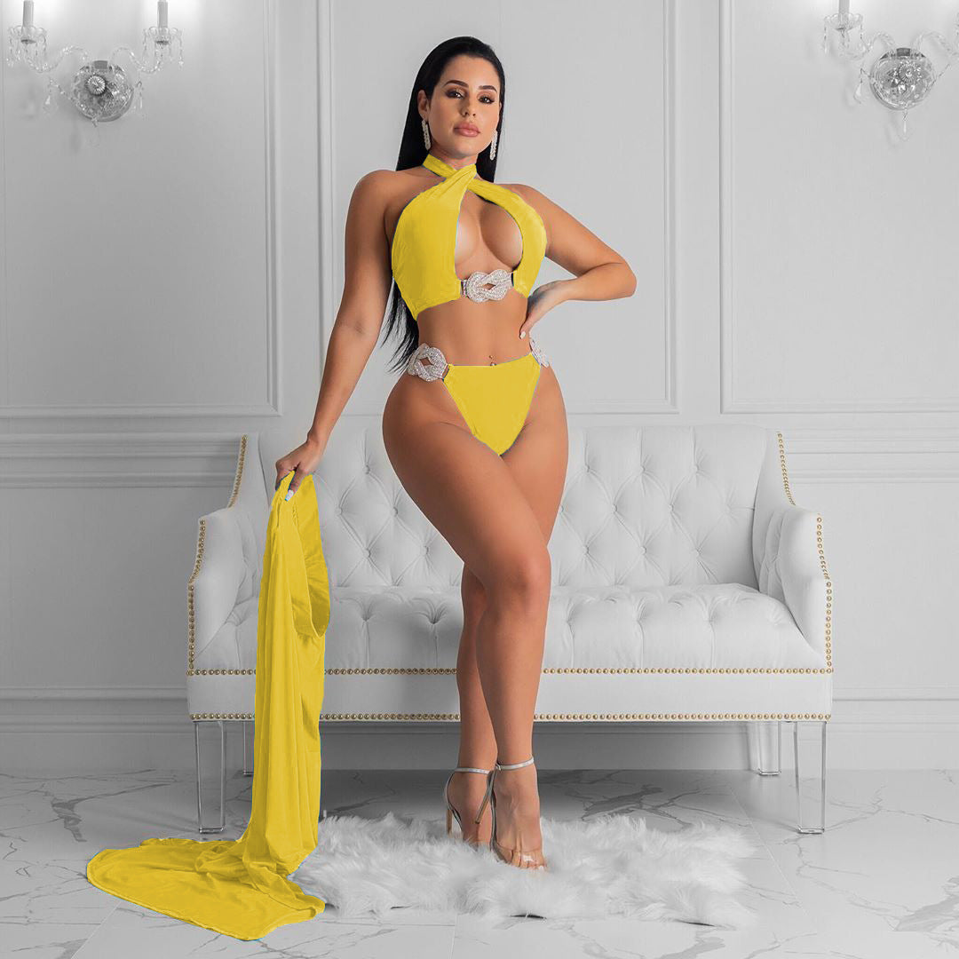 Ladies Split Triangle Bikini Cover-Up Three Piece Swimsuit Set