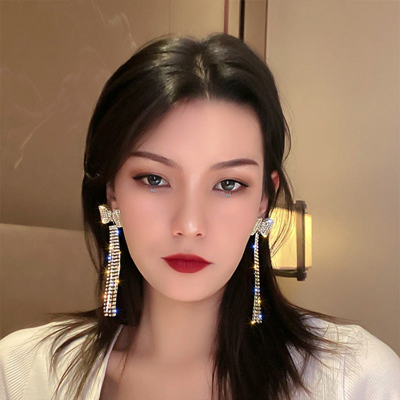 Long Full Diamond Bow Tassel New Trendy Elegant High Sense Elegant Earrings Earrings For Women