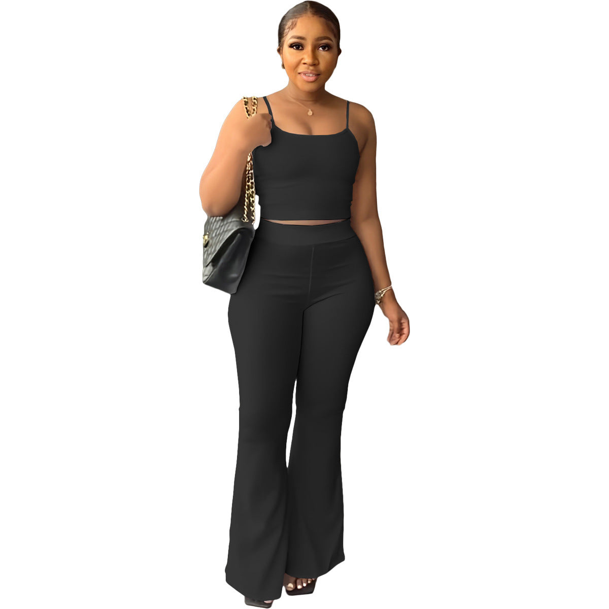 Women's Solid Color Sling Bell-Bottom Pants Fashion Two Piece Set