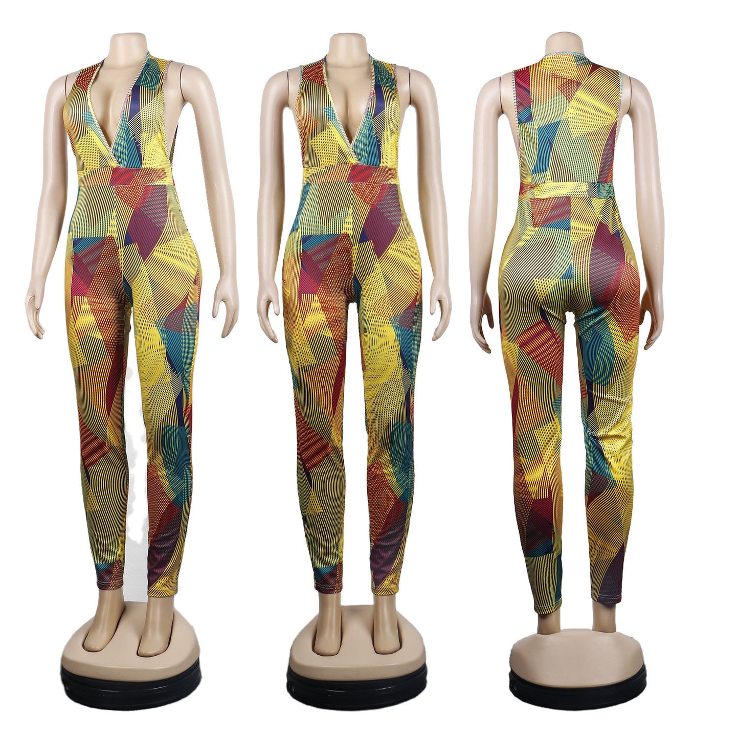 Sexy Deep V Stripe Digital Printing One-piece Jumpsuit