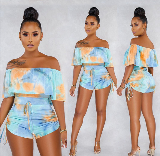Ruffled Tie Dye Camouflage Printed Romper