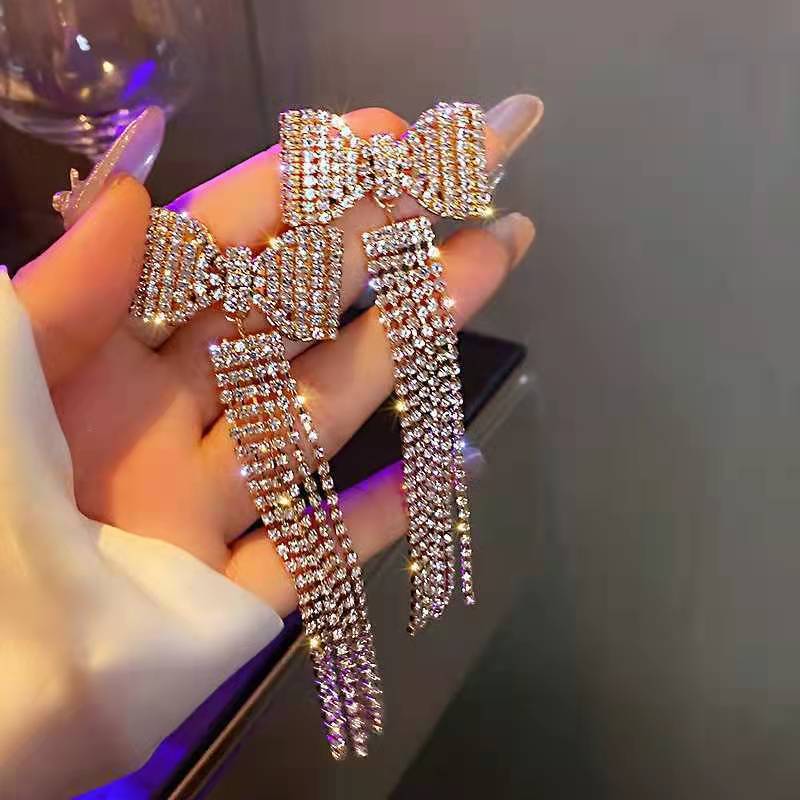 Long Full Diamond Bow Tassel New Trendy Elegant High Sense Elegant Earrings Earrings For Women