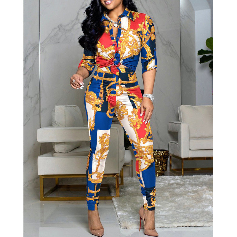 Women's Color Matching Printed Long-sleeved Shirt And Casual Pants Two-piece Set