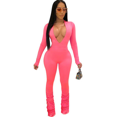 Solid color big V-neck tight ladies Jumpsuit