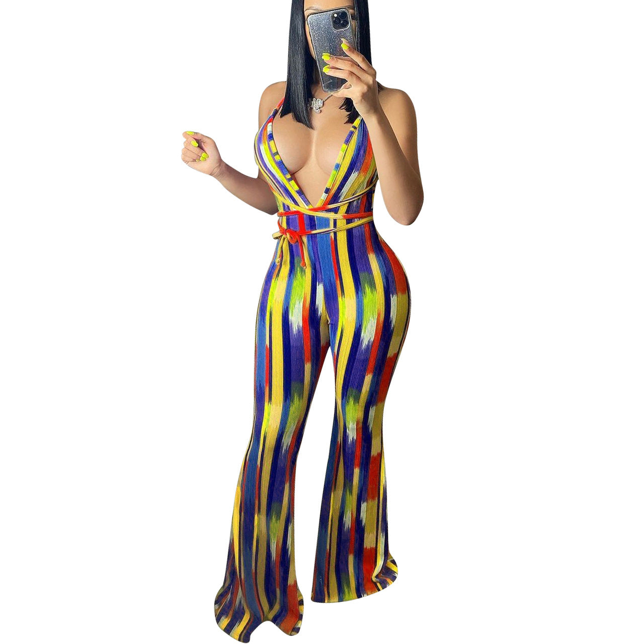 "Love Me or Hate Me" Striped Print Halter Slim-fit Flared Trousers