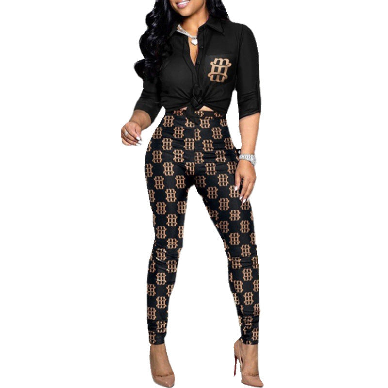 Women's Color Matching Printed Long-sleeved Shirt And Casual Pants Two-piece Set
