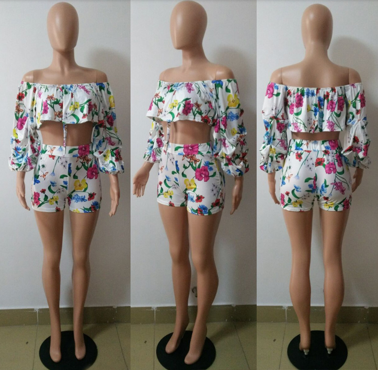 Women's Sexy Flower Printed Puffed Sleeved Two-Piece Set