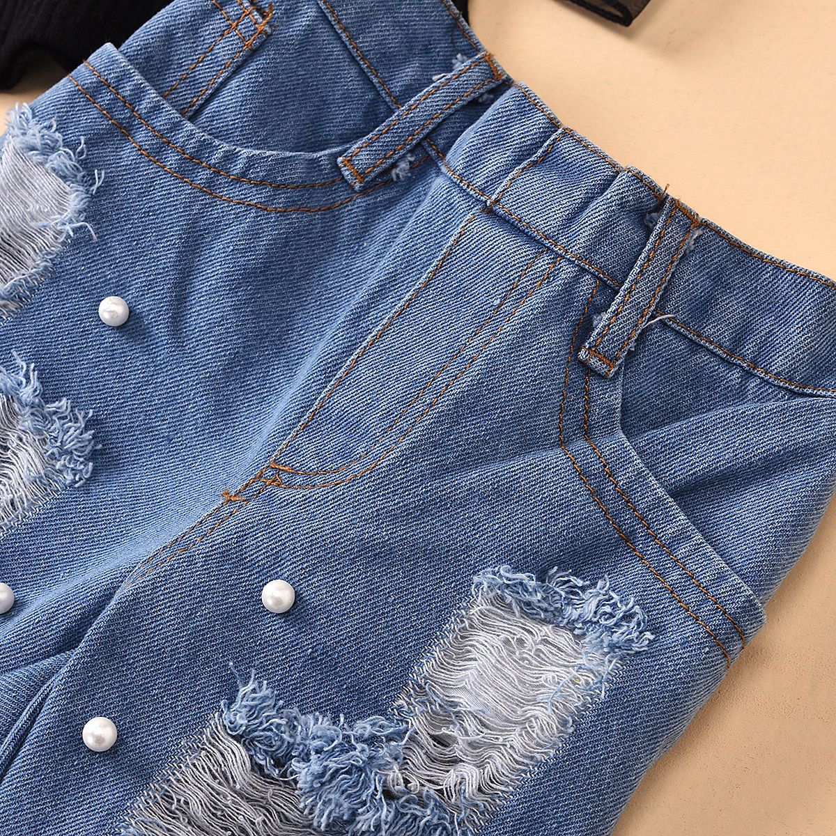 Girls Embellished Raw Edge Jeans and Shirt Set