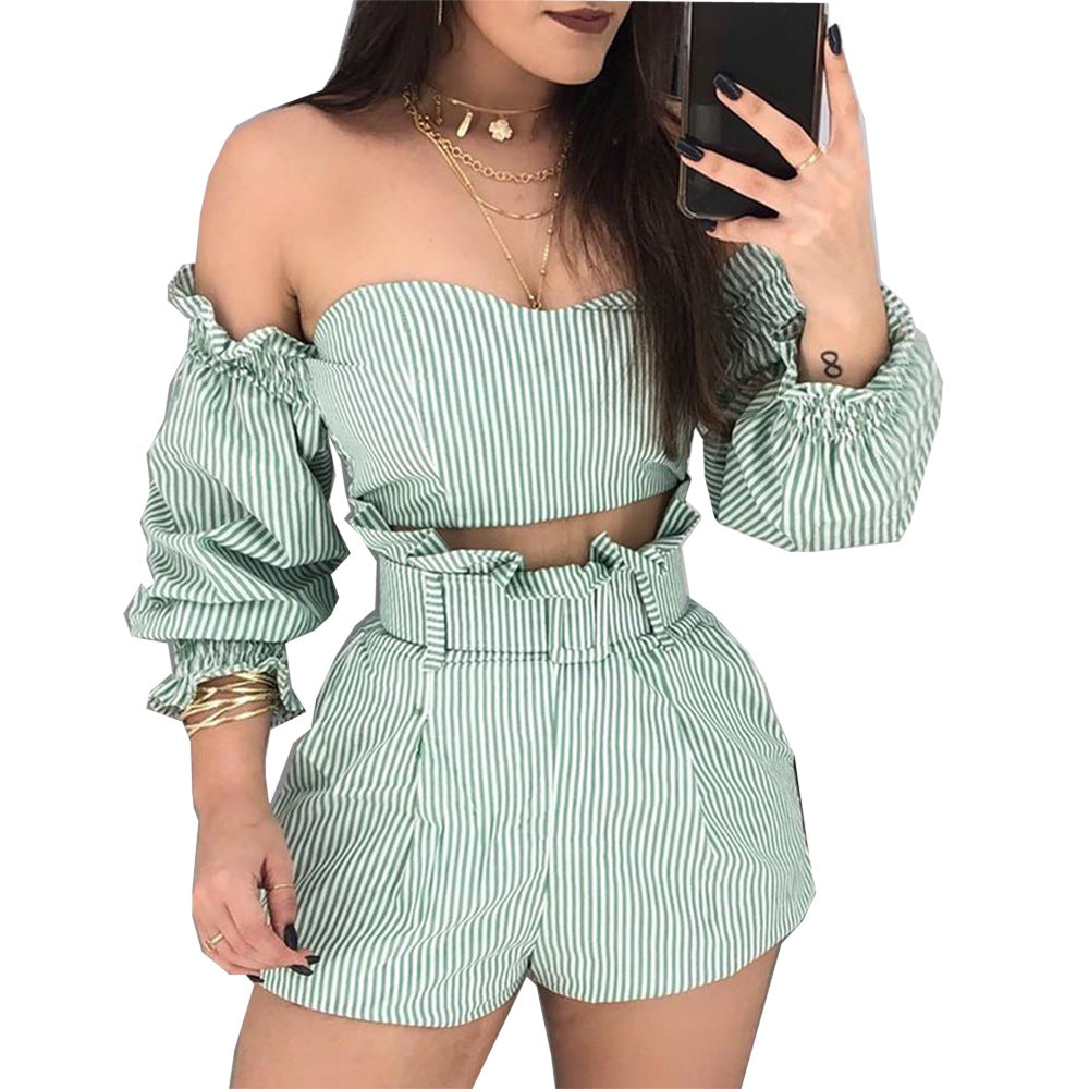 One-piece Shoulder Stripe Green Two-Piece Set