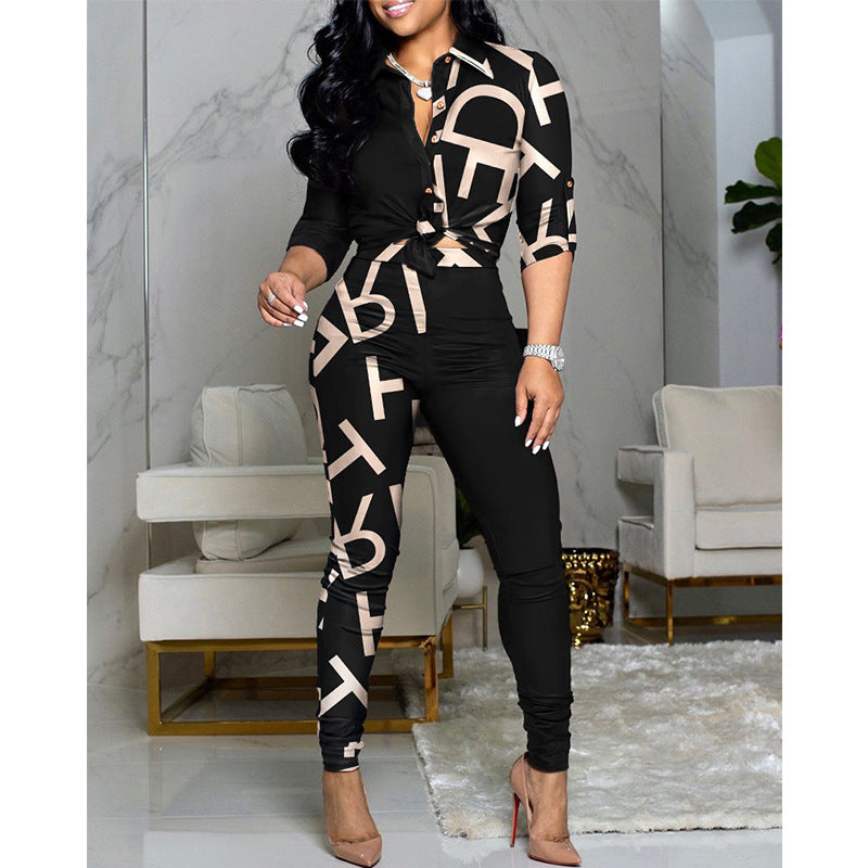 Women's Color Matching Printed Long-sleeved Shirt And Casual Pants Two-piece Set