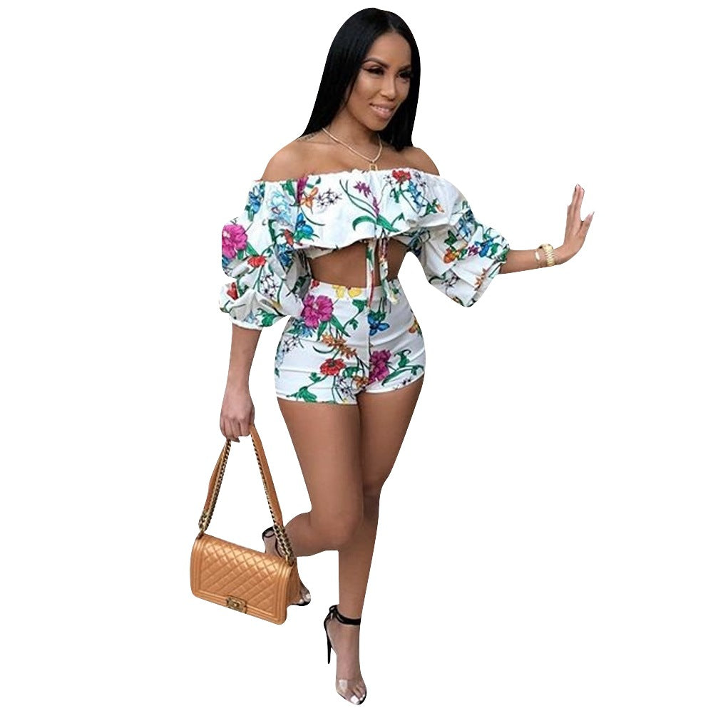 Women's Sexy Flower Printed Puffed Sleeved Two-Piece Set