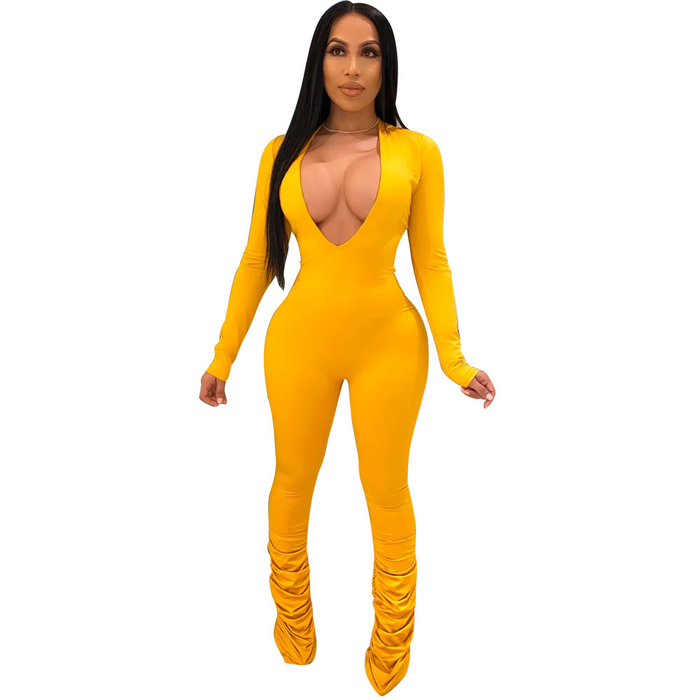 Solid color big V-neck tight ladies Jumpsuit