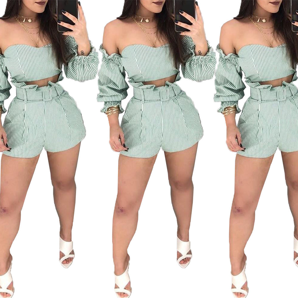 One-piece Shoulder Stripe Green Two-Piece Set