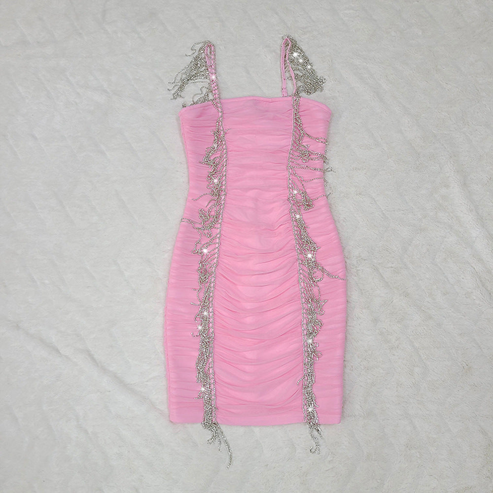 "Razzle Dazzle" Women's Suspender Diamond-encrusted Tassel Mesh Gauze Stitching Pleated Bandage Dress