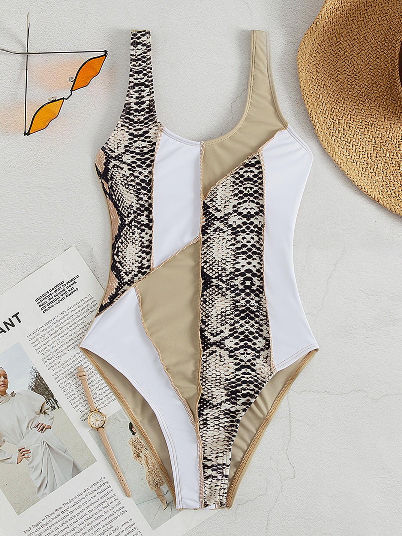 Snake Print Patchwork Exposed Seam One-Piece Swimsuit