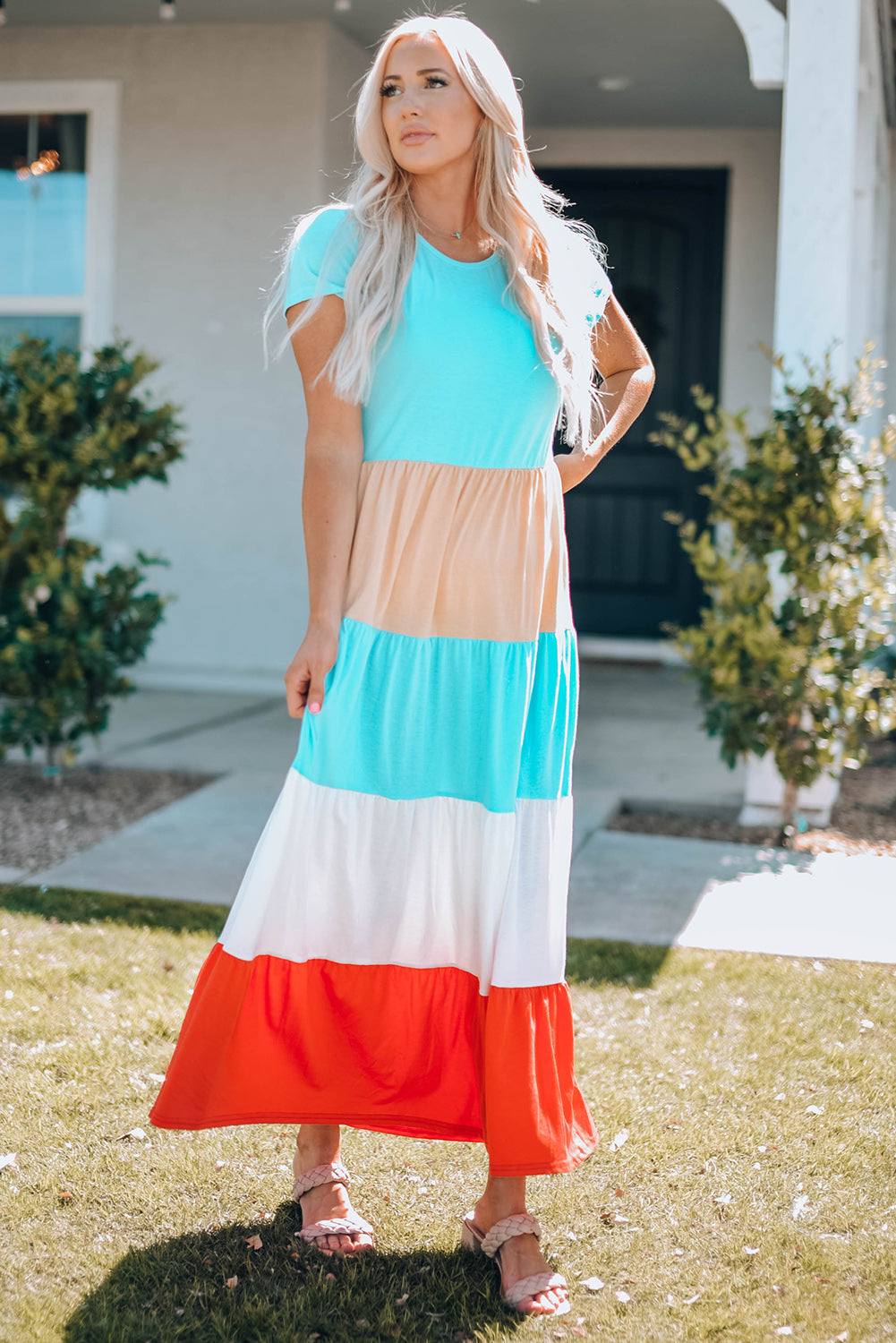 Women Color Block Round Neck Maxi Dress