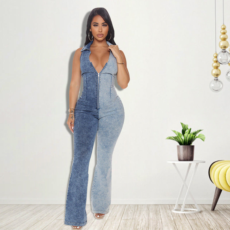 Women's Fashionable Two Tone Denim Jumpsuit