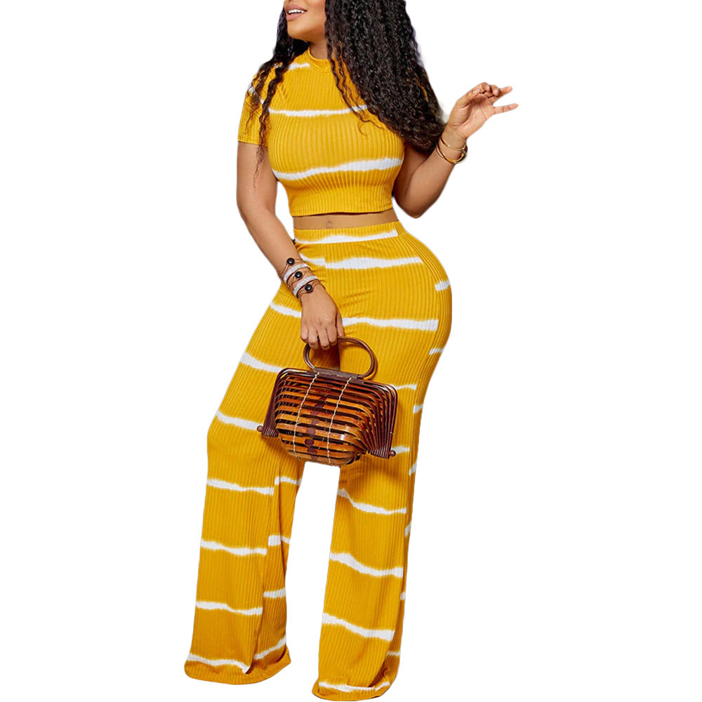Striped Printed Sunken Stripe Wide Leg Matching Two Piece Set