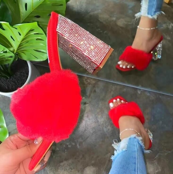 Women's Summer Fashion Rhinestone Fluffy High Heels