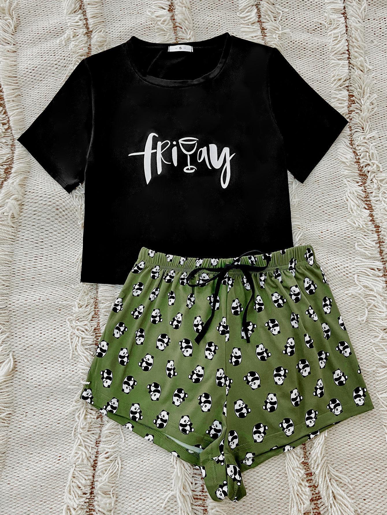 "Friday" Graphic Tee and Panda Print Shorts Lounge Set