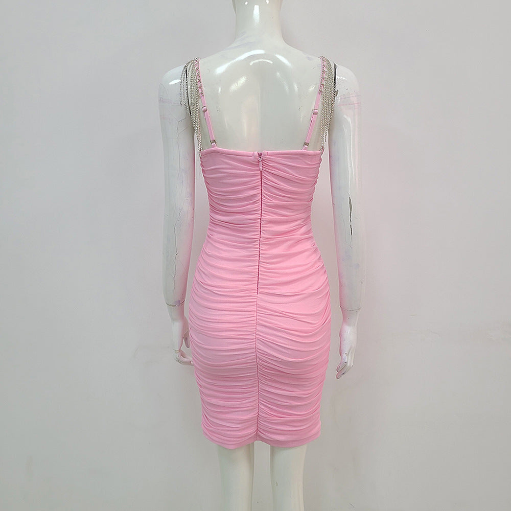 "Razzle Dazzle" Women's Suspender Diamond-encrusted Tassel Mesh Gauze Stitching Pleated Bandage Dress