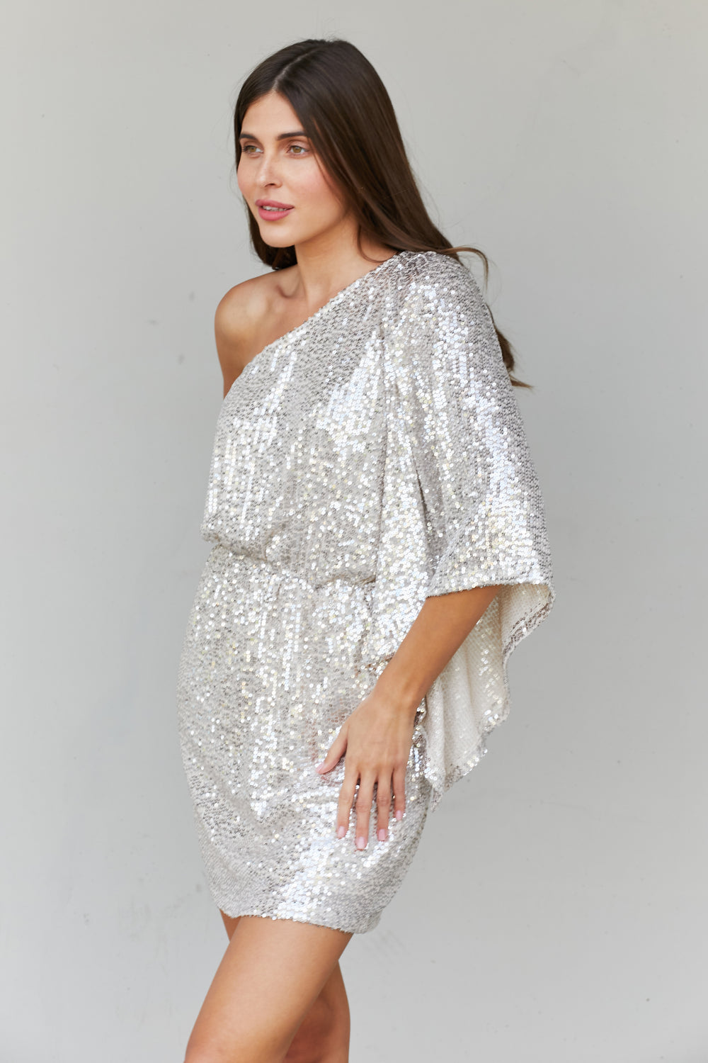 Hailey & Co Full Size Sequined One-Shoulder Bell Sleeve Dress