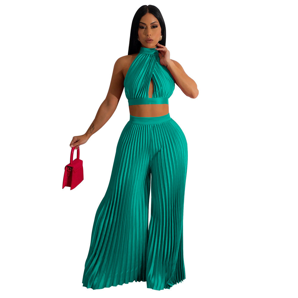 Women's Halter Top Silk Pleated Wide-Leg Pants Two-piece Set