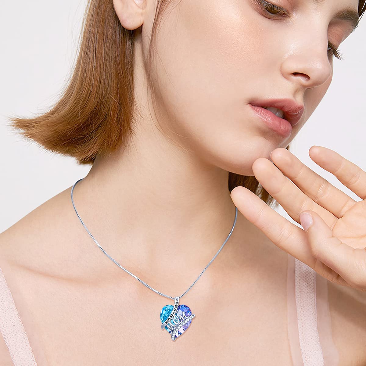 Gifts For Mom Sterling Silver Mom Necklace With Heart Birthstone Crystal Mother's Day Christmas Jewelry Gifts For Mother