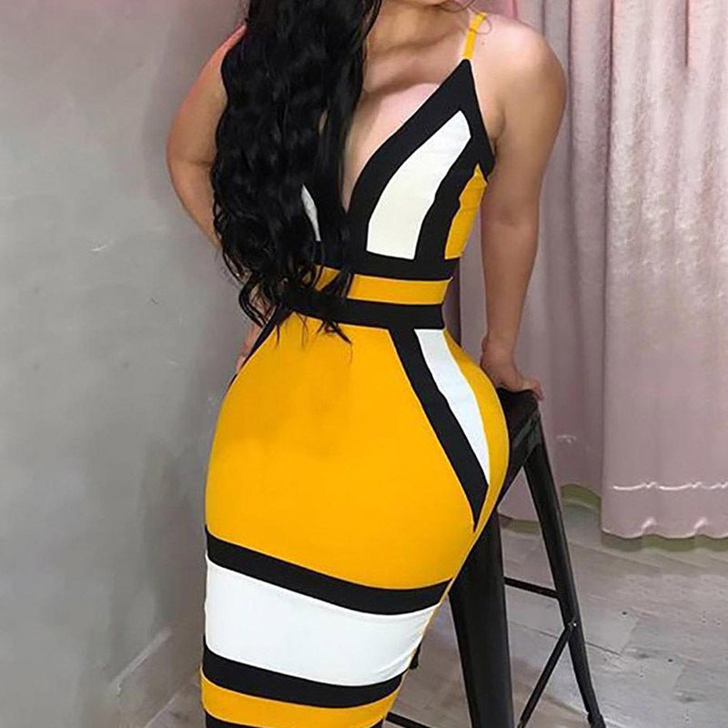 Sexy Yellow Contrast Printed Sling Dress