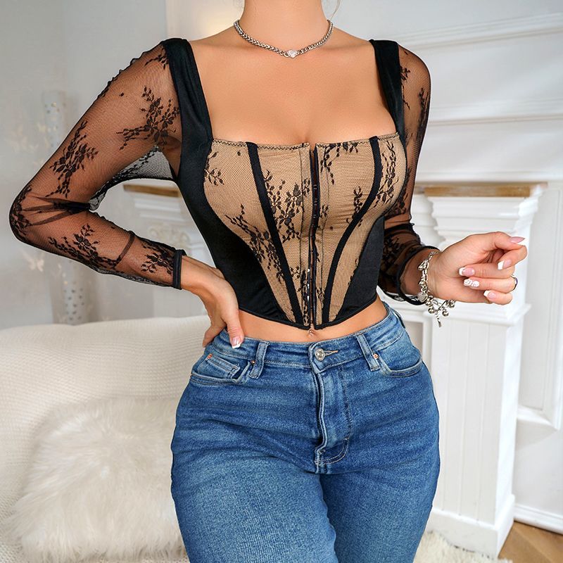 Lace Square Neck Long Sleeve Cropped Top