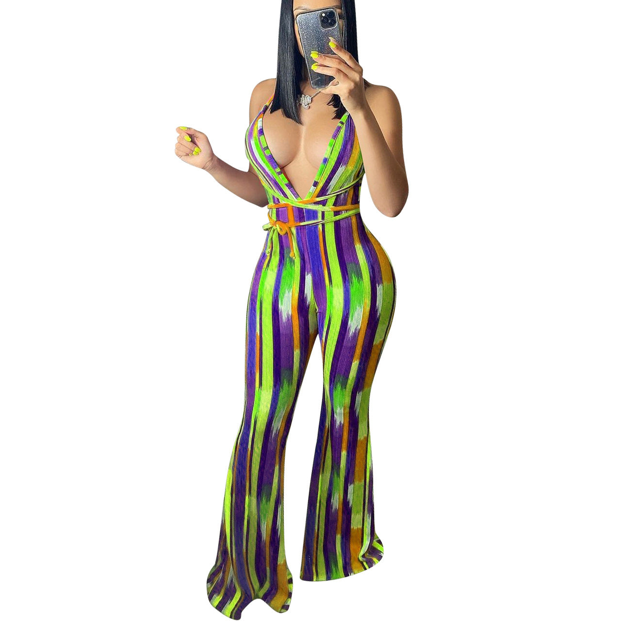 "Love Me or Hate Me" Striped Print Halter Slim-fit Flared Trousers