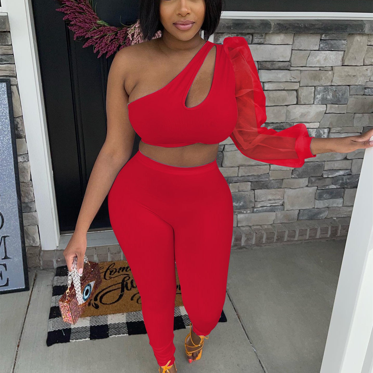 Mesh One Sleeve Elastic Two Piece Pants Set
