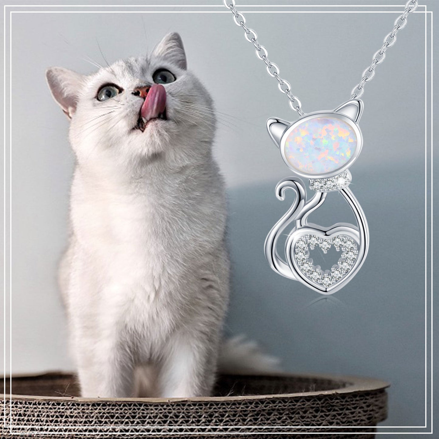 925 Sterling Silver Opal Cat Pendant Necklace