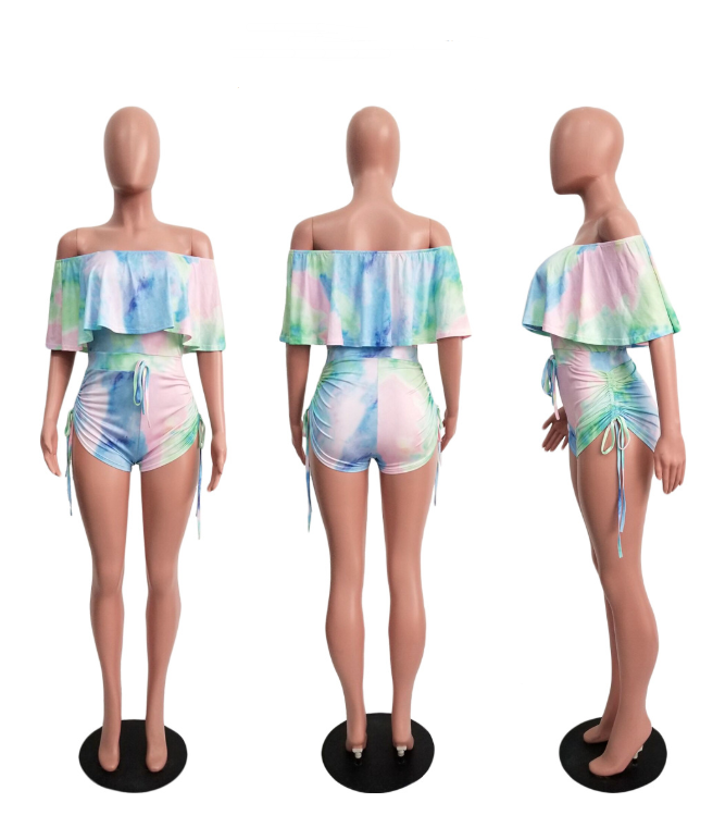 Ruffled Tie Dye Camouflage Printed Romper
