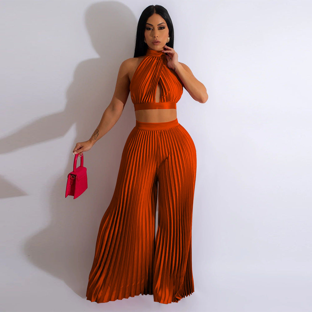 Women's Halter Top Silk Pleated Wide-Leg Pants Two-piece Set
