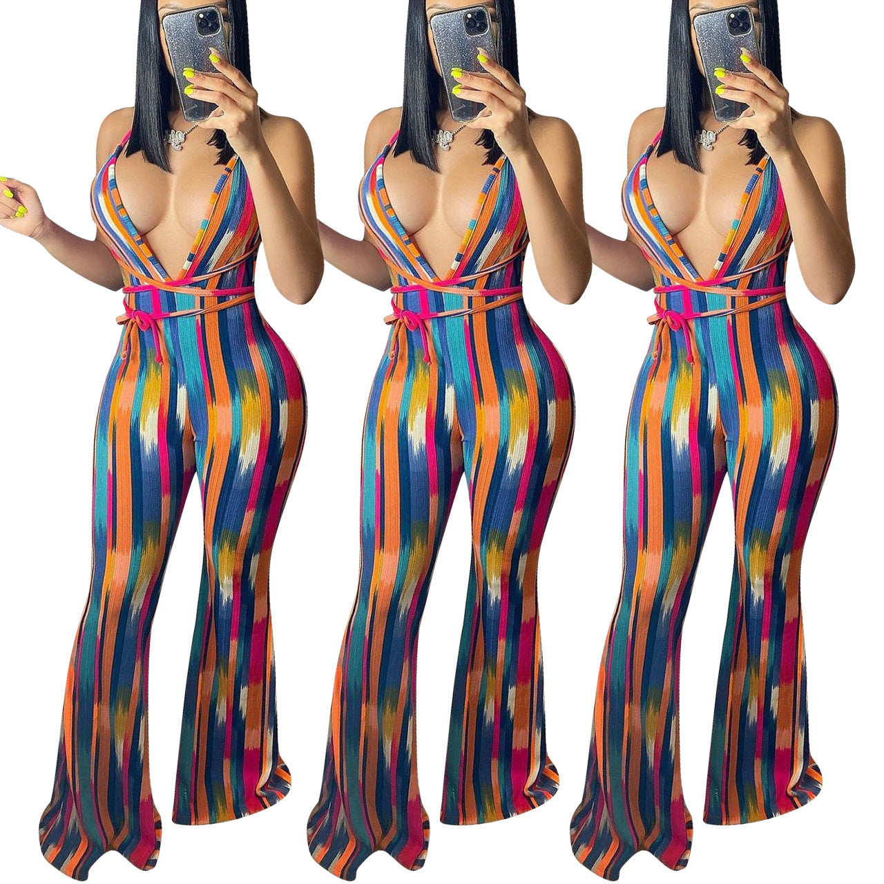 "Love Me or Hate Me" Striped Print Halter Slim-fit Flared Trousers