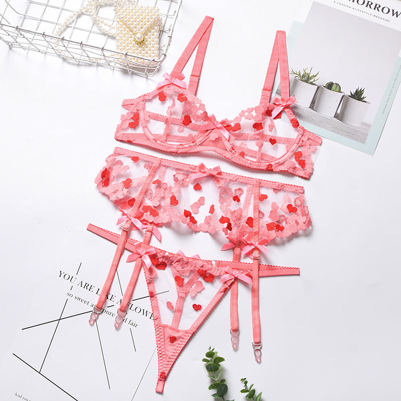 Women's Heart Love Embroidered Sexy Three Piece Lingerie Set