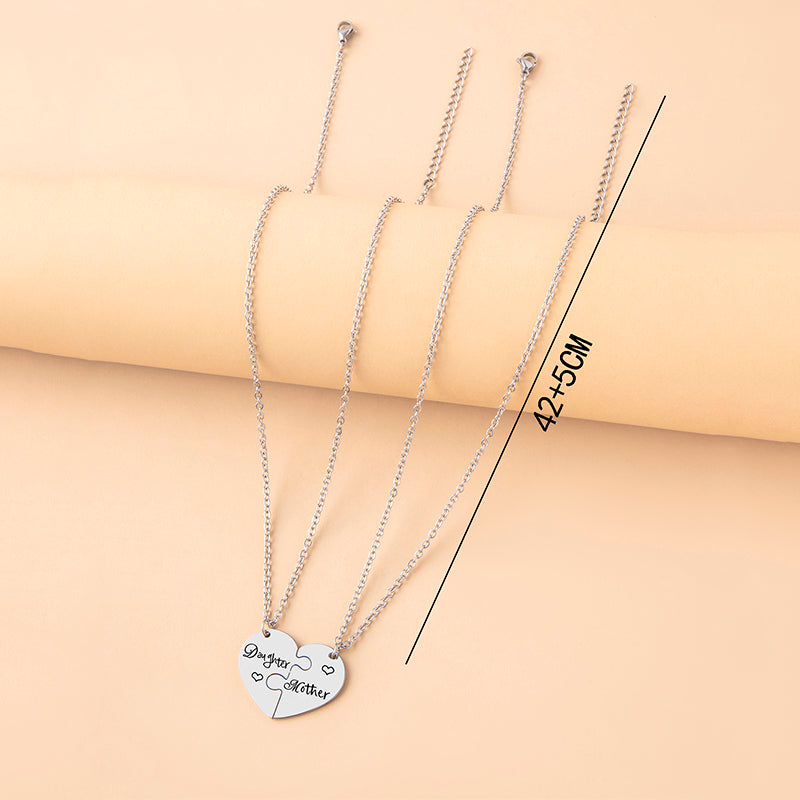 2 PCS Love Daughter Mother Puzzle Heart Pendant Necklace Silver Stainless Steel Mothers Day Jewelry Gift