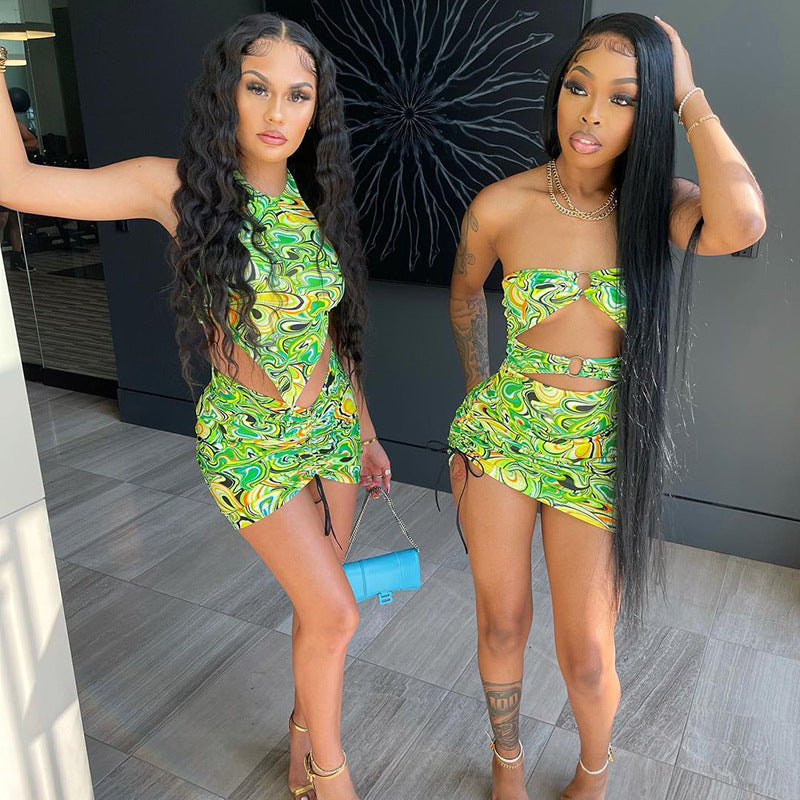 "Summer Time" Summer Print Bra Cut-out Drawstring Dress