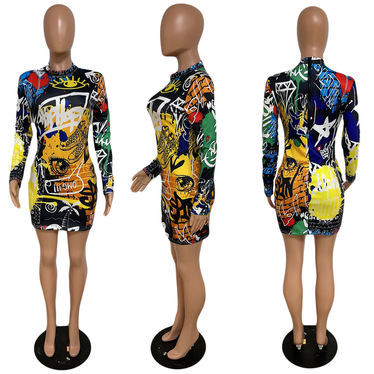 Graffiti Printed Long Sleeve Sexy Dress