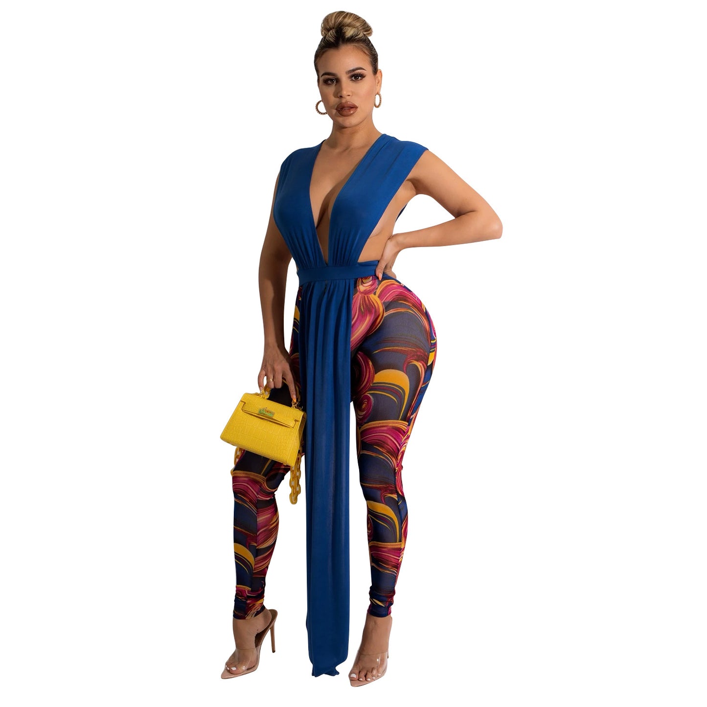 Ladies Fashion Mesh Print Pants Two Piece Set