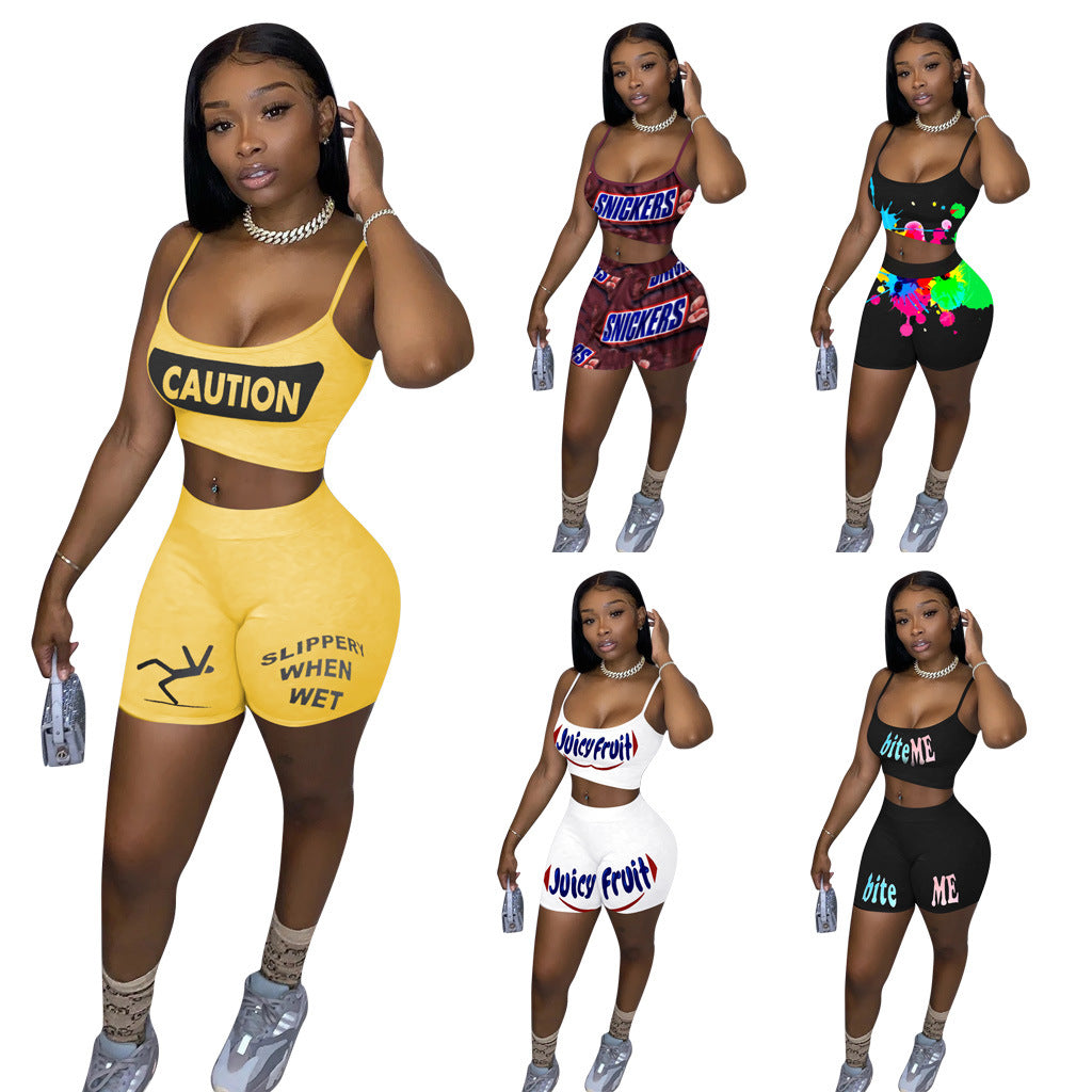 Ladies' Letter Printed Shorts and Top Two Piece Set