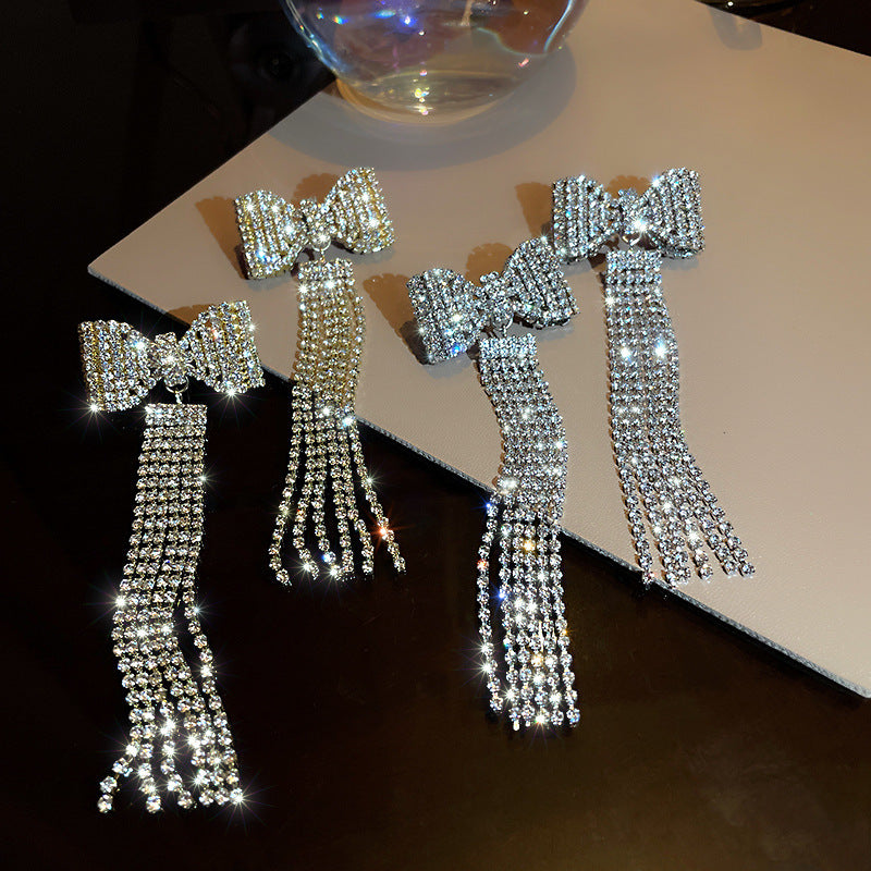 Long Full Diamond Bow Tassel New Trendy Elegant High Sense Elegant Earrings Earrings For Women
