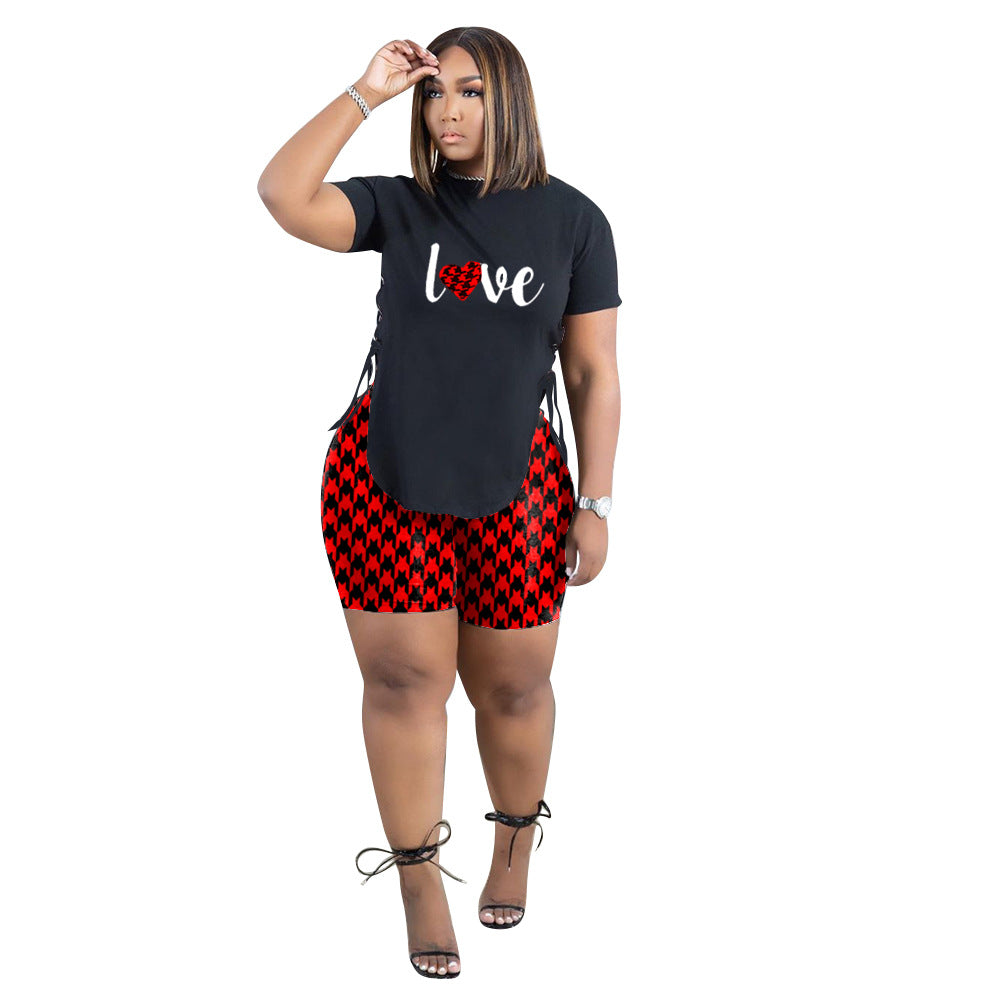 Women's Casual Side Slit Printed Letter Shorts Two-Piece Set